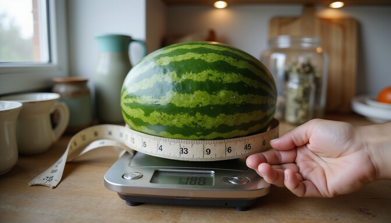 A watermelon on a scale with a measuring tape wrapped around it. A watermelon on a scale with a measuring tape wrapped around it.