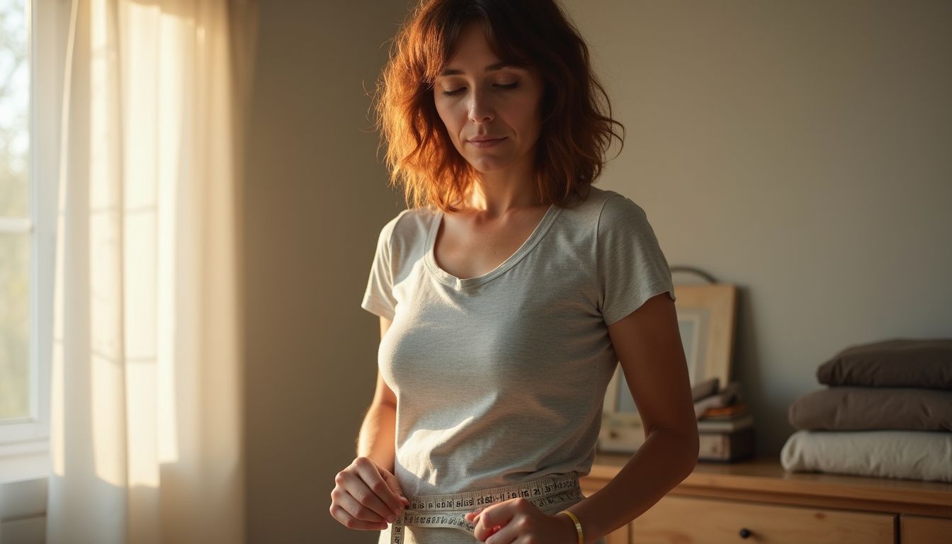 Woman measuring her waist with a tape measure in a calm bedroom, showing progress.