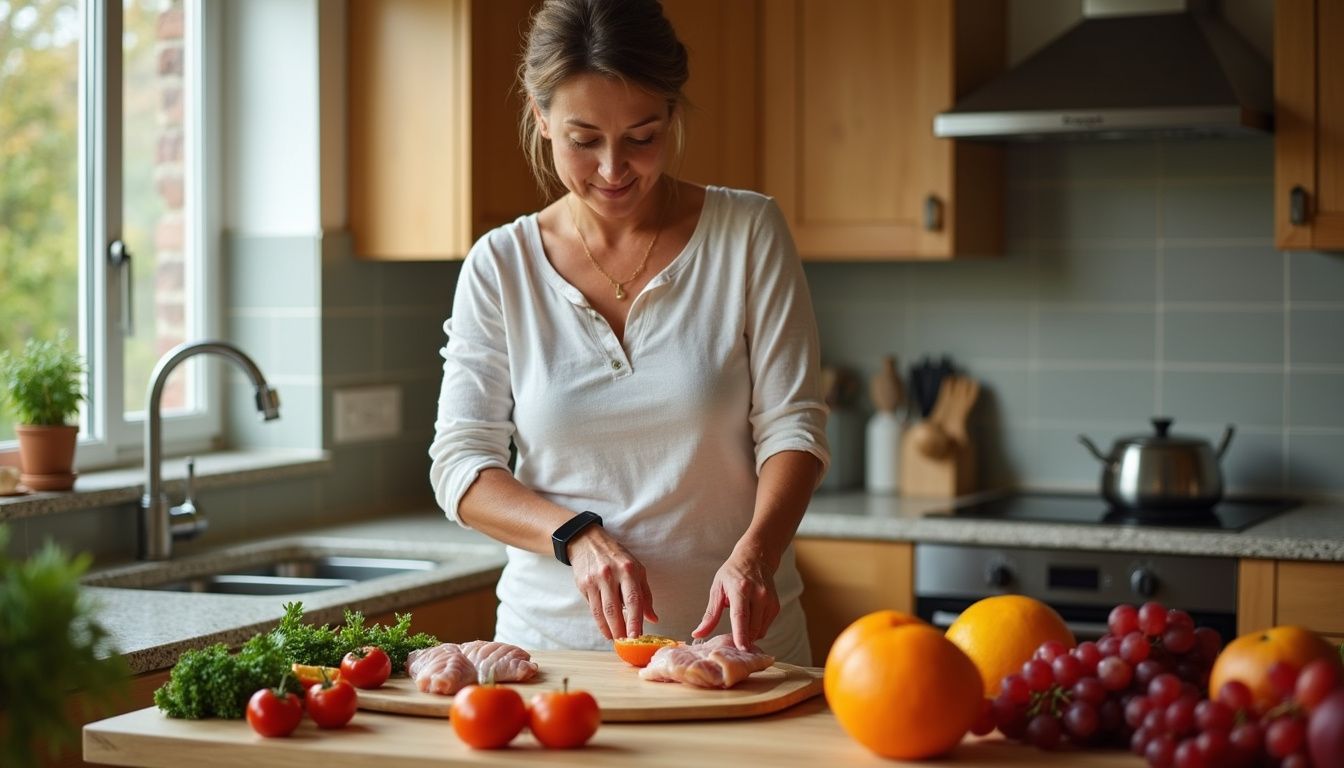 A woman chopping vegetables while preparing a healthy meal in a home kitchen. A woman chopping vegetables while preparing a healthy meal in a home kitchen.