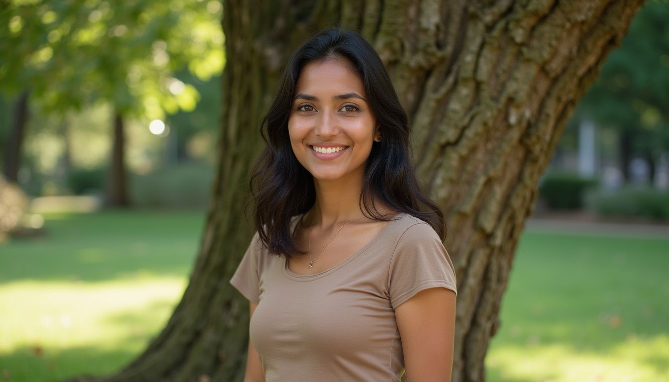 A confident woman in a crop top stands in a sunny park.