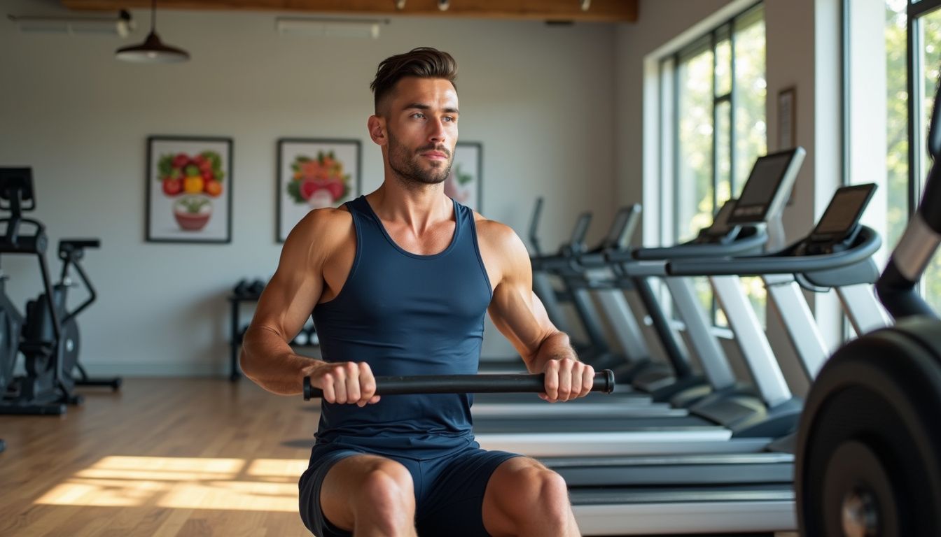 A person exercises on a rowing machine in a bright, clean gym.