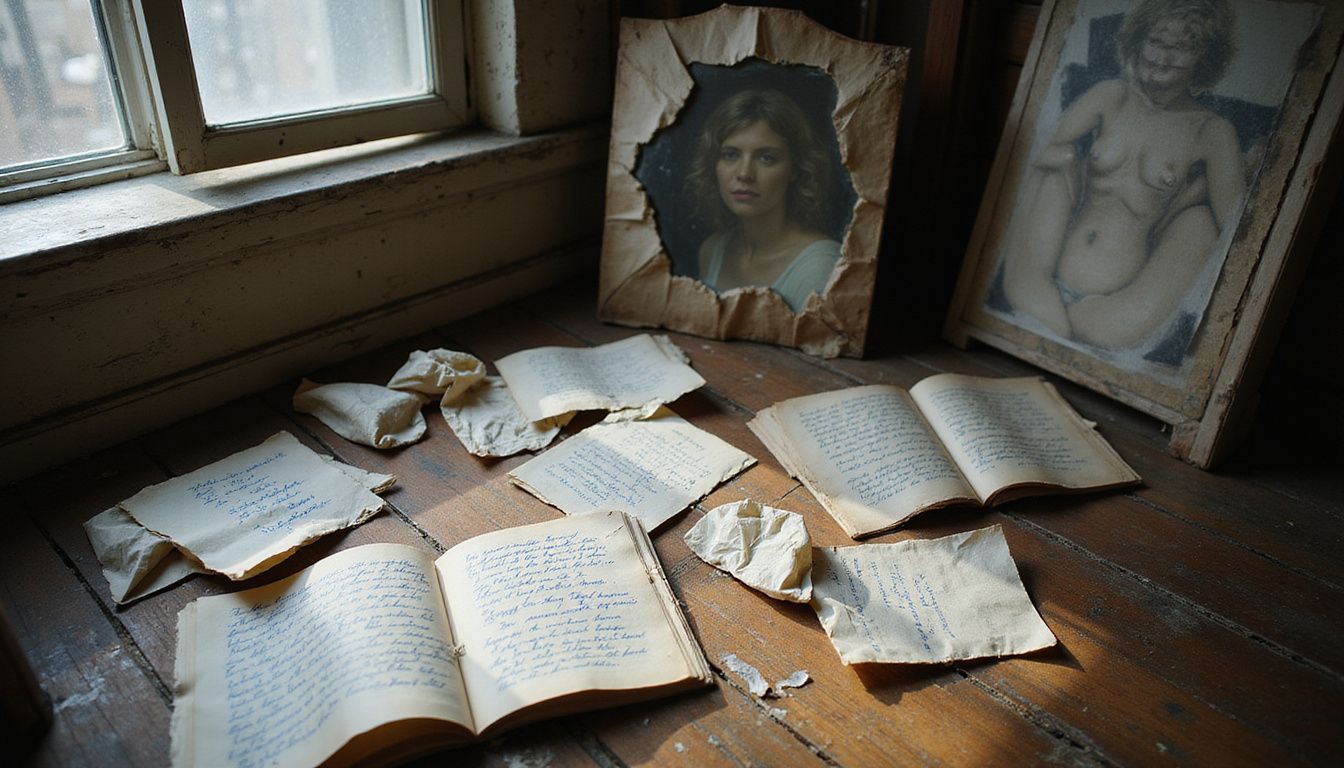 A bedroom corner with posters and clothes, hinting at personal struggle and creativity. A bedroom corner with posters and clothes, hinting at personal struggle and creativity.