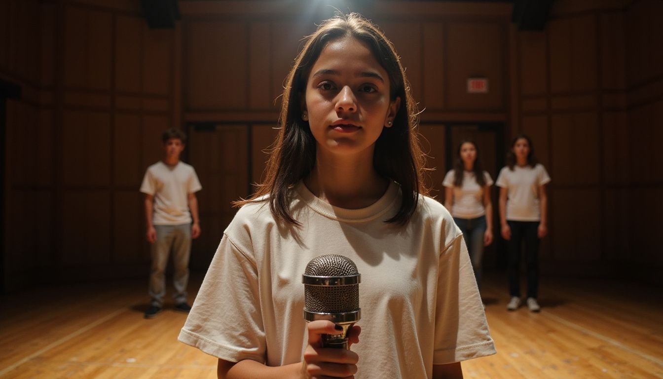 Young singer performing into a vintage microphone under stage lights.