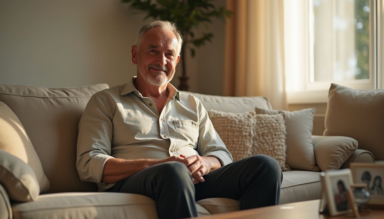 A middle-aged actor shares a warm moment with his family at home.