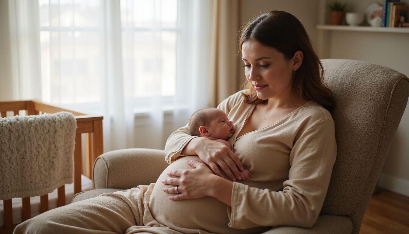 Mother holding her newborn in a cozy nursery, calm and focused. Mother holding her newborn in a cozy nursery, calm and focused.