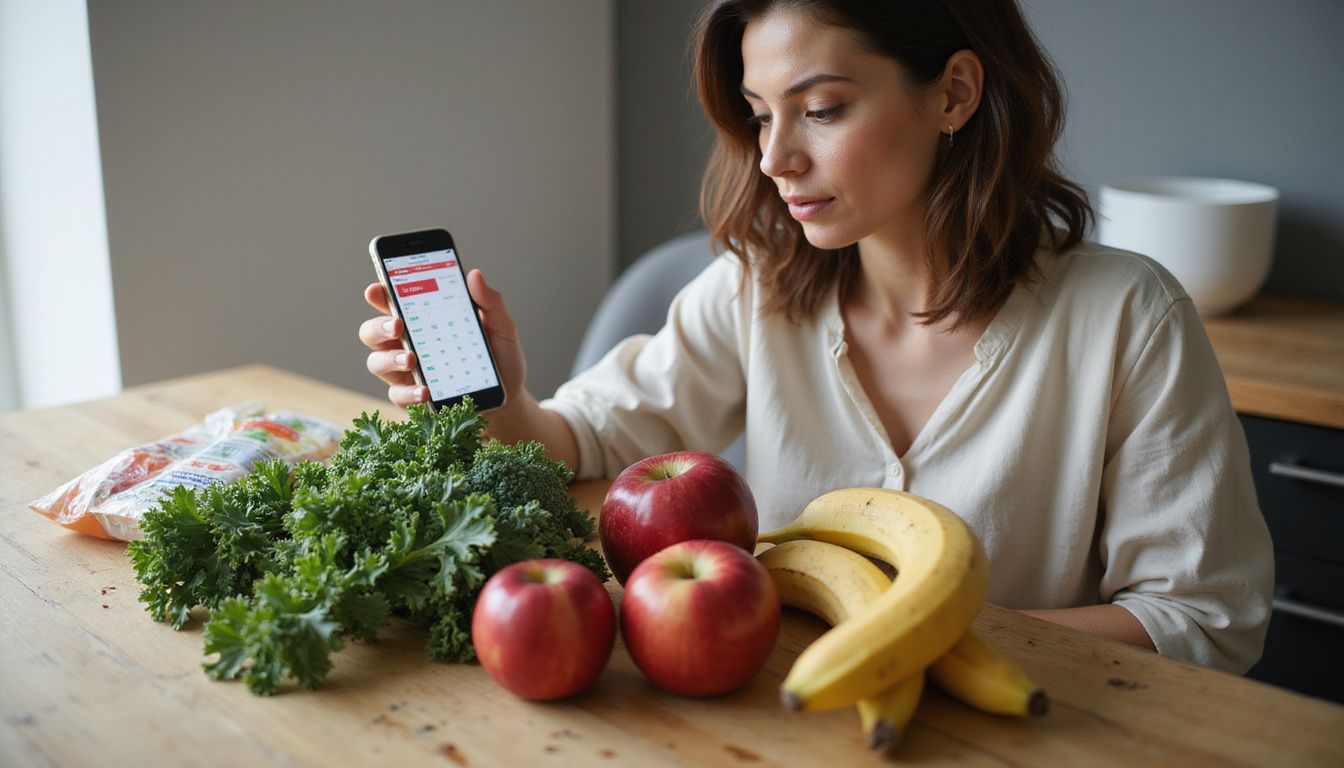 Person using a nutrition app at a kitchen table while reviewing ingredients.