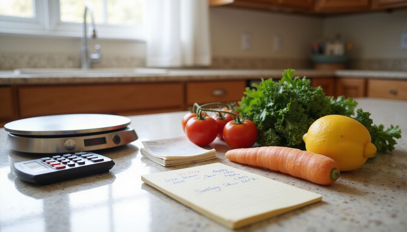 Fresh produce and measuring tools for simple calorie counting.