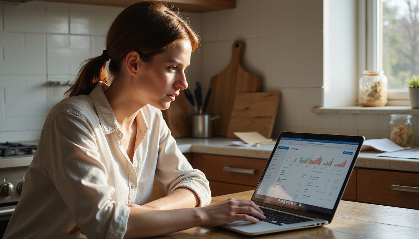 Person checking a calorie app while planning a simple meal at the kitchen table.