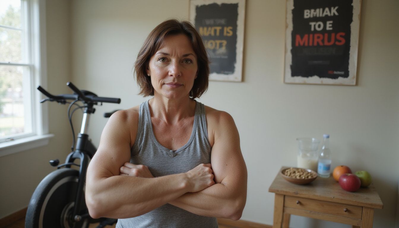 A country singer training in a cozy home gym with dumbbells and a mat.