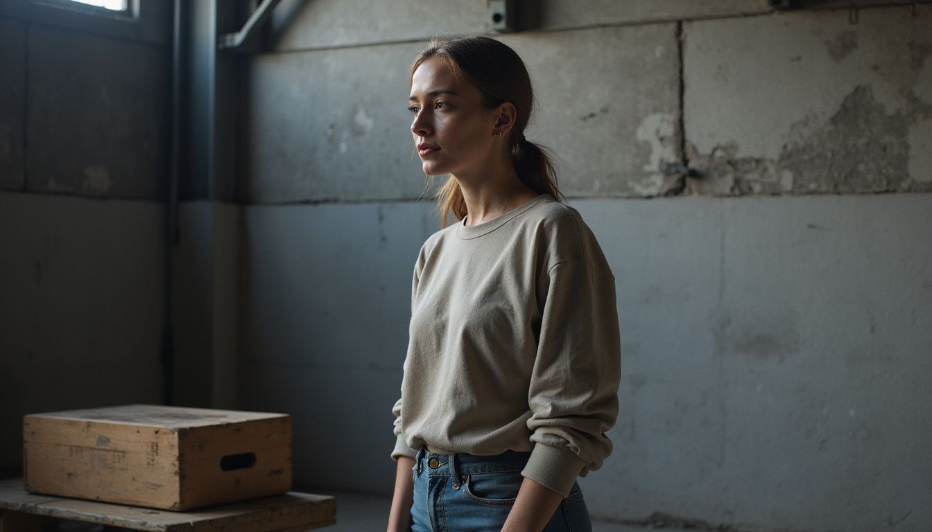 A focused singer rehearses backstage in casual clothes, preparing for a show. A focused singer rehearses backstage in casual clothes, preparing for a show.