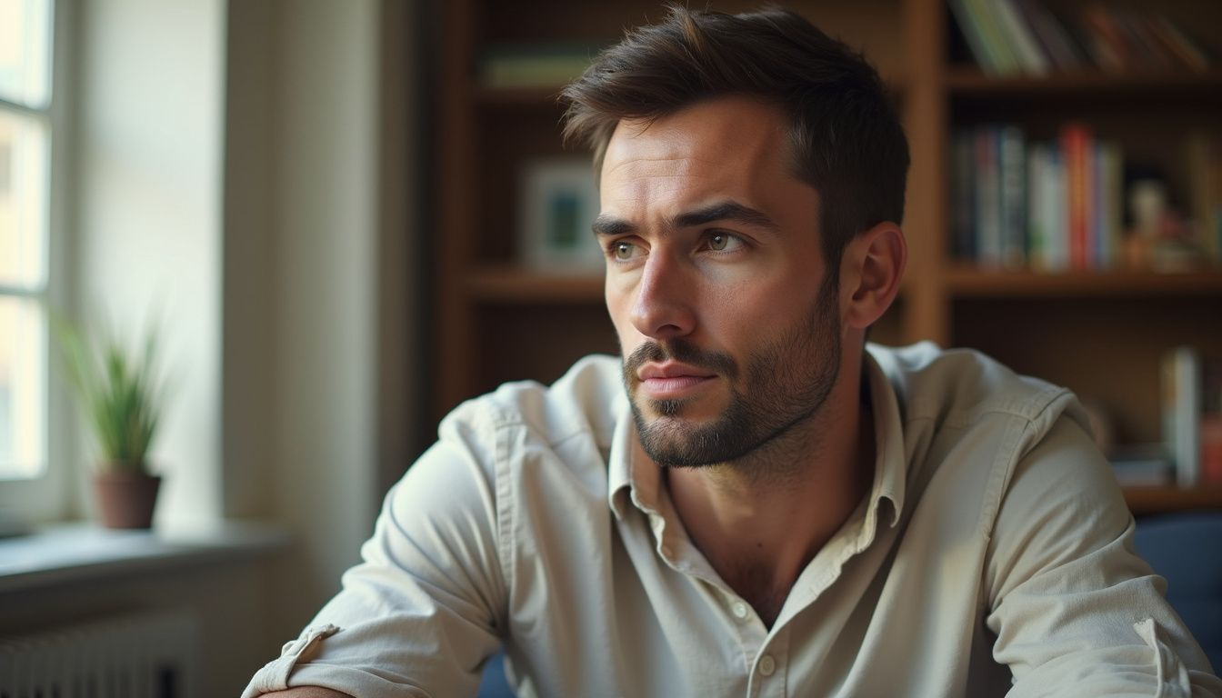 A thoughtful man seated casually with a relaxed, reflective posture.