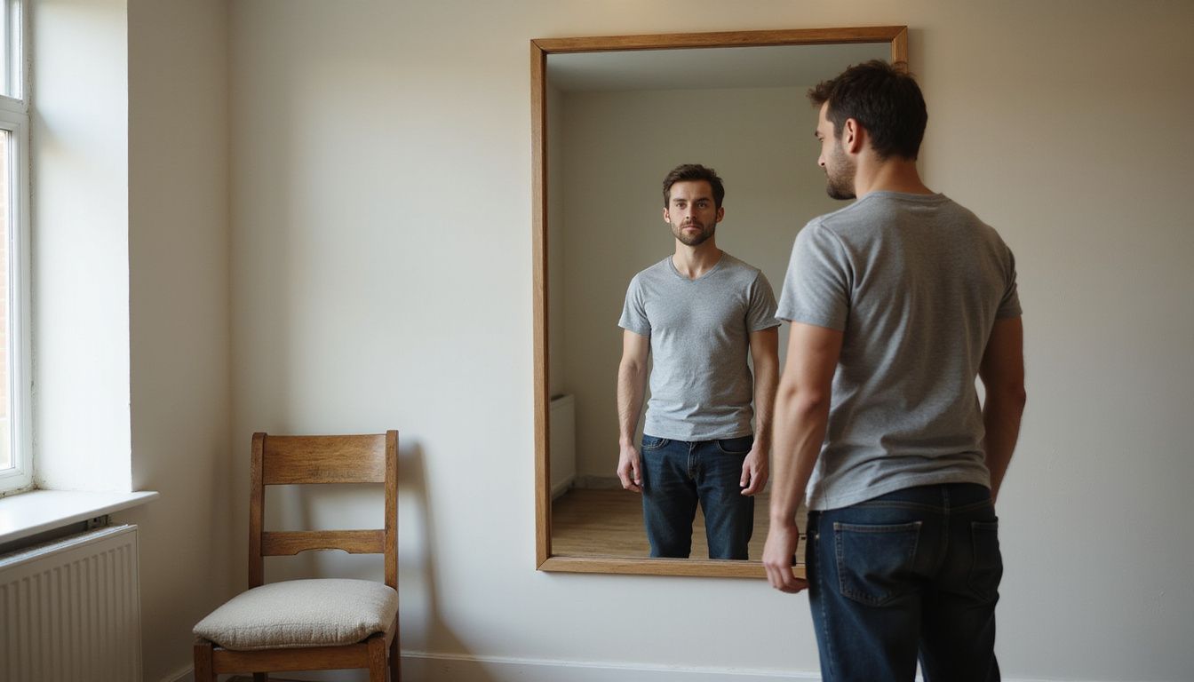 An actor studies his reflection, noting clear weight loss.