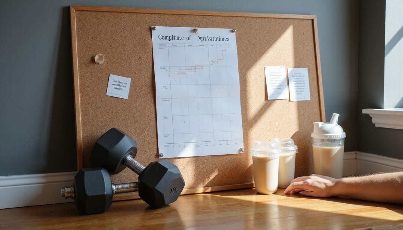 Progress board and gym gear showing steady fitness improvements over time.