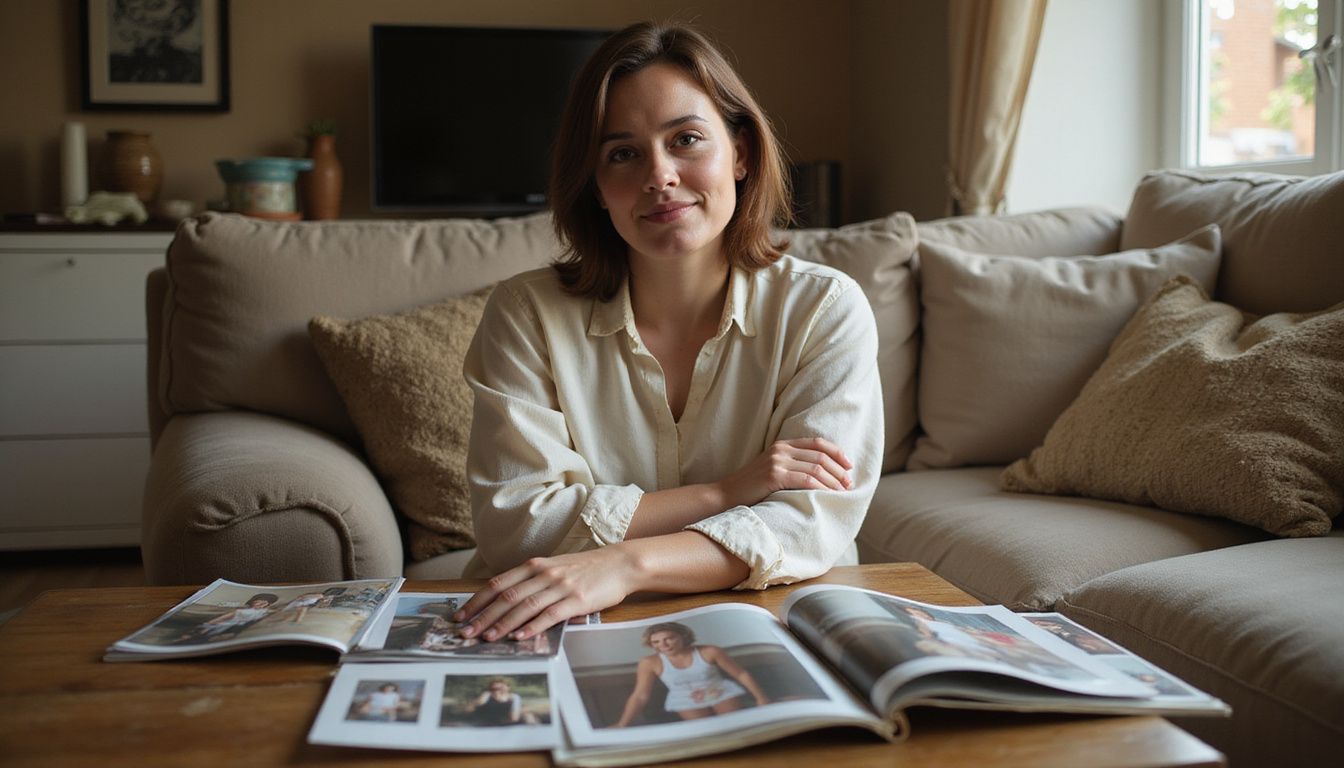 A woman sitting in an armchair, reflecting while surrounded by personal photos.
