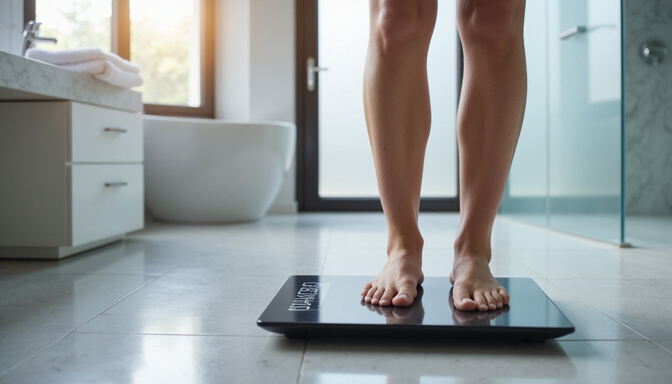 A bathroom digital scale on a clean floor, surrounded by simple modern decor. A bathroom digital scale on a clean floor, surrounded by simple modern decor.