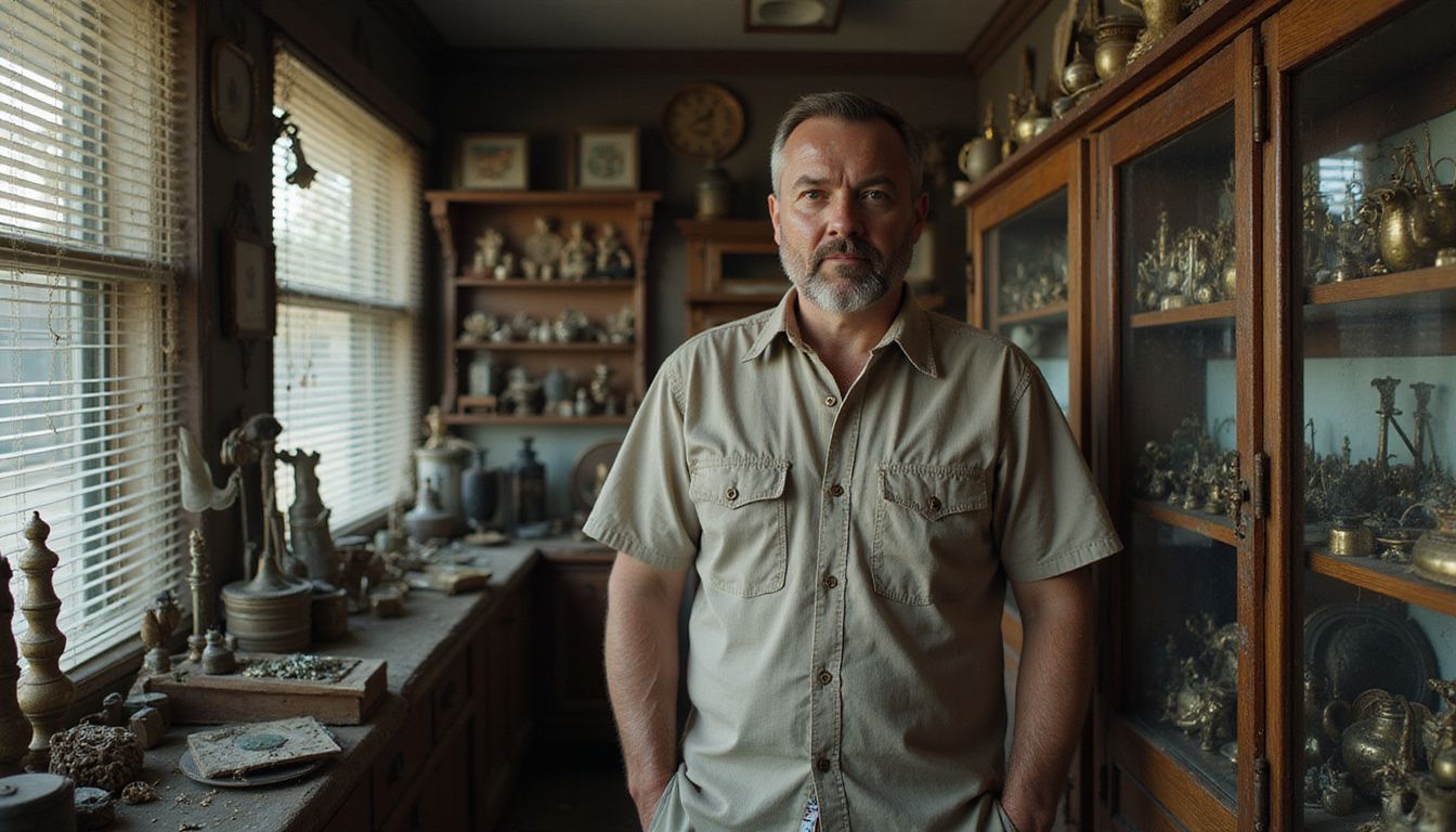 A man pauses to reflect inside a busy pawn shop filled with antiques.