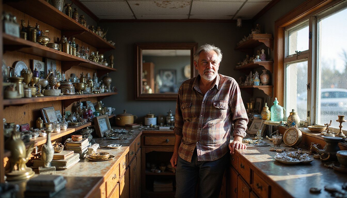A familiar face from Pawn Stars rests against a counter inside a busy Las Vegas pawn shop.