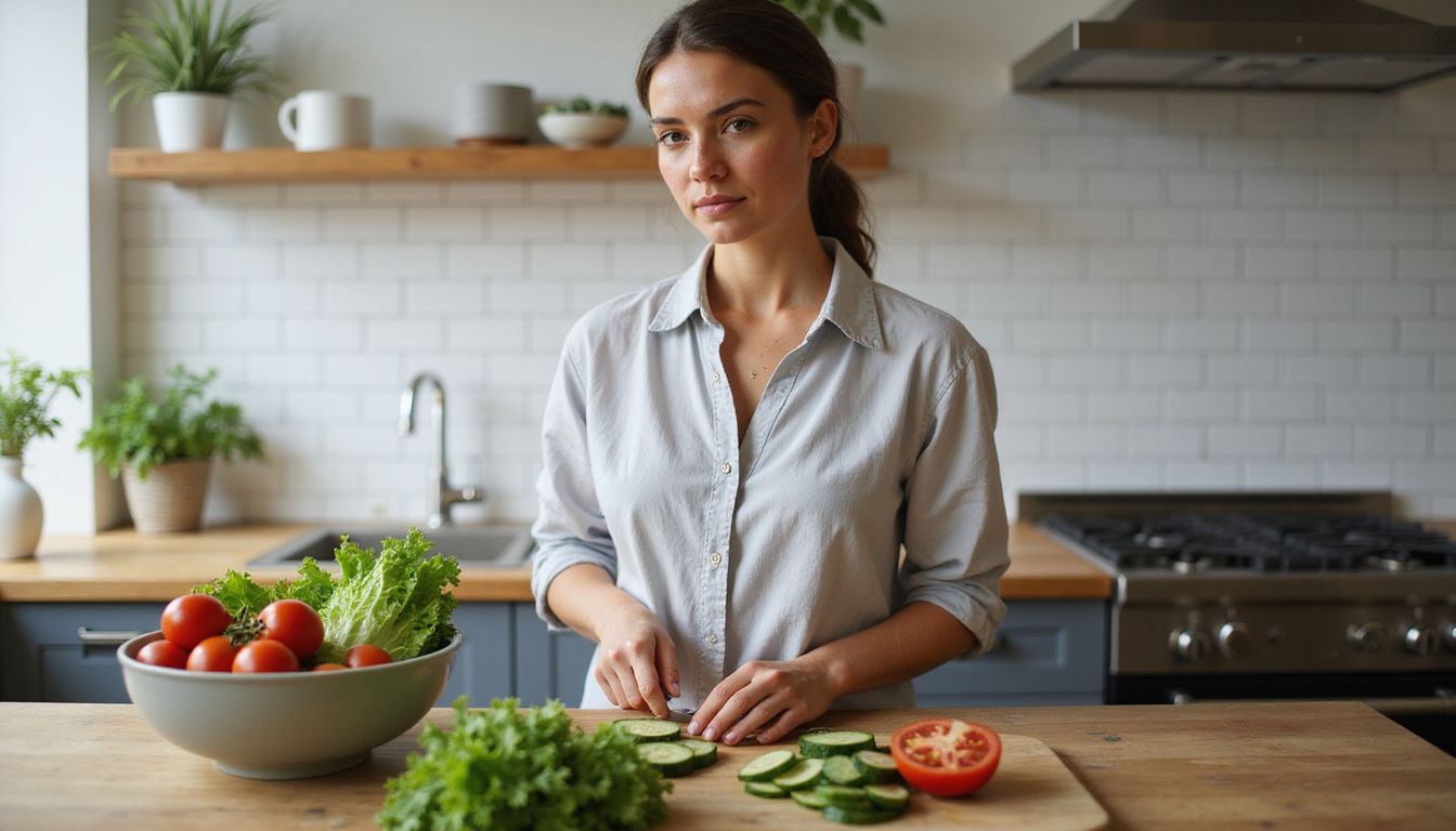 Person rinsing greens and chopping vegetables for a whole-food meal.