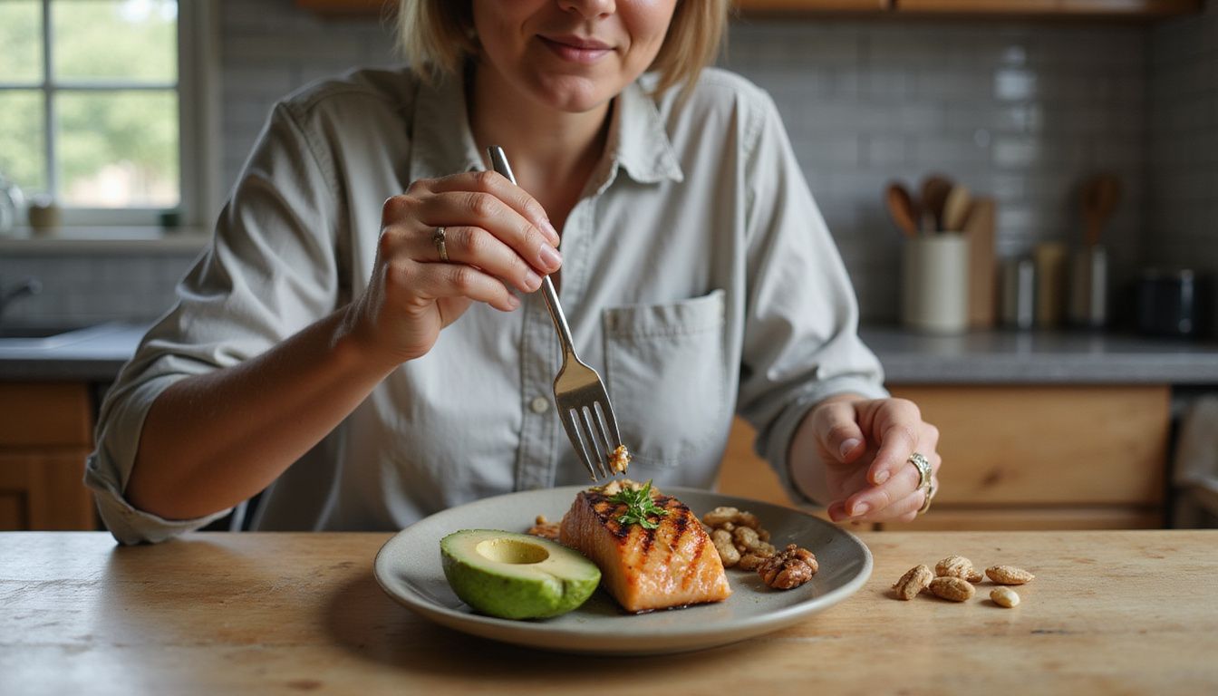 Person eating a balanced meal at a wooden kitchen table.