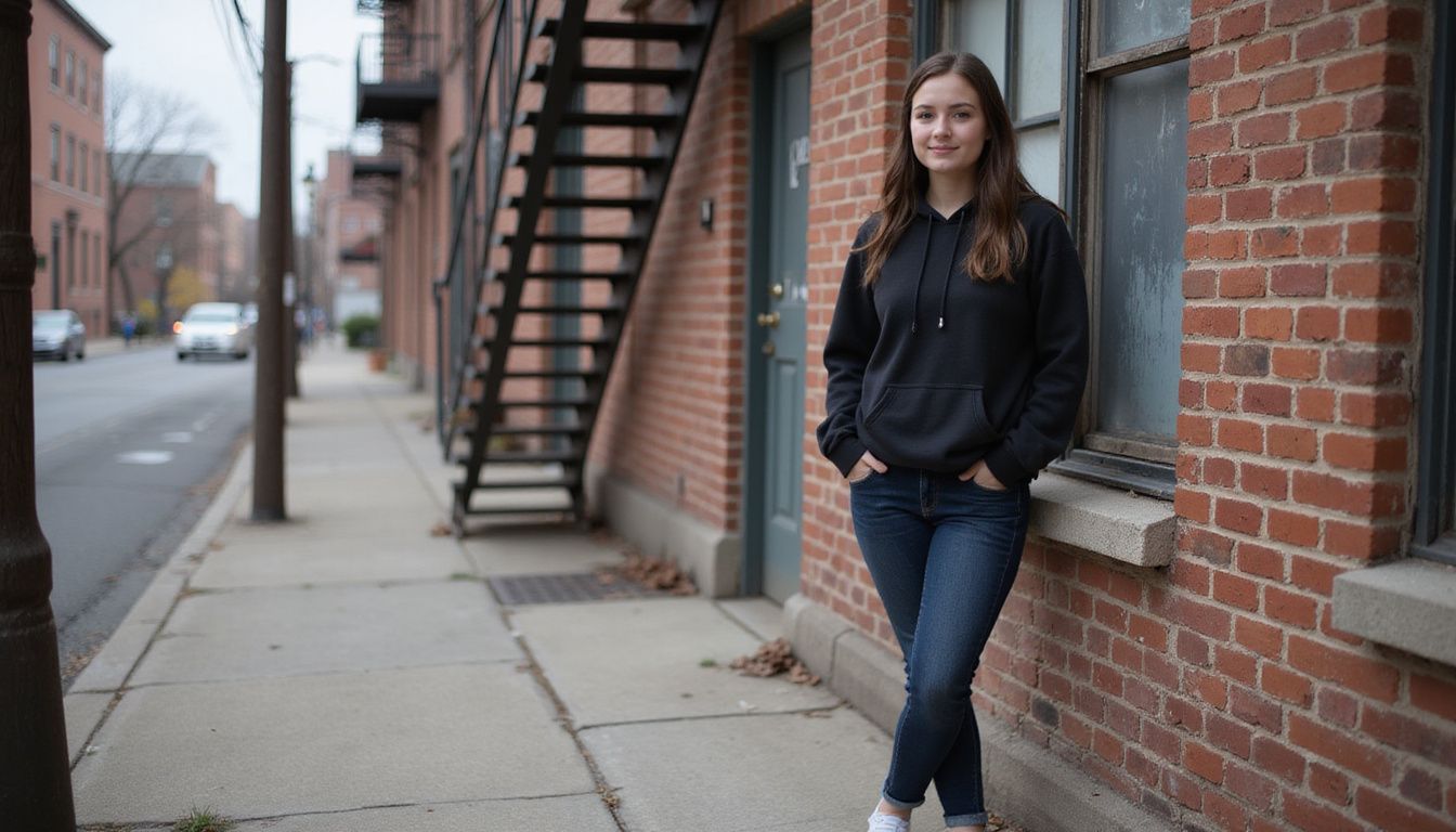 A young performer stands confidently in a gritty city setting. A young performer stands confidently in a gritty city setting.
