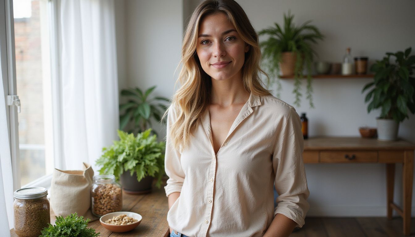 Calm young woman near plant-based foods and wellness items. Calm young woman near plant-based foods and wellness items.