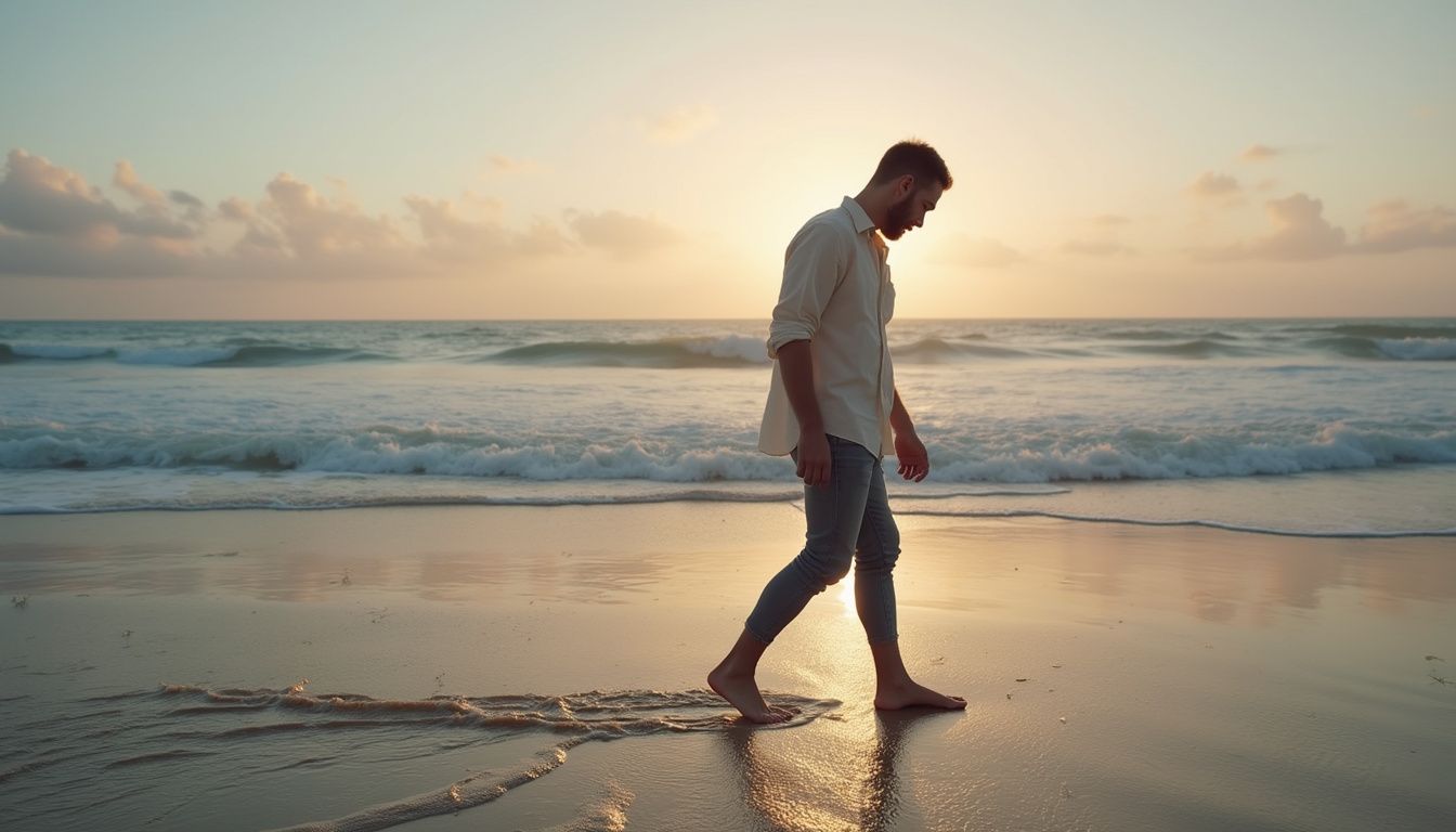 A person walking on a quiet beach at sunrise, reflecting on a fresh start.