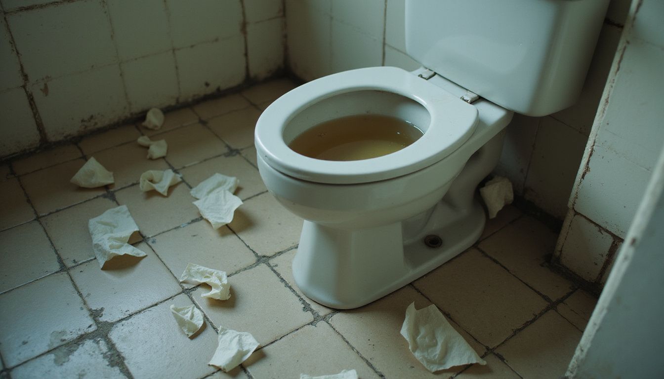 Bathroom with an unflushed toilet and scattered paper, representing urgent bowel issues.