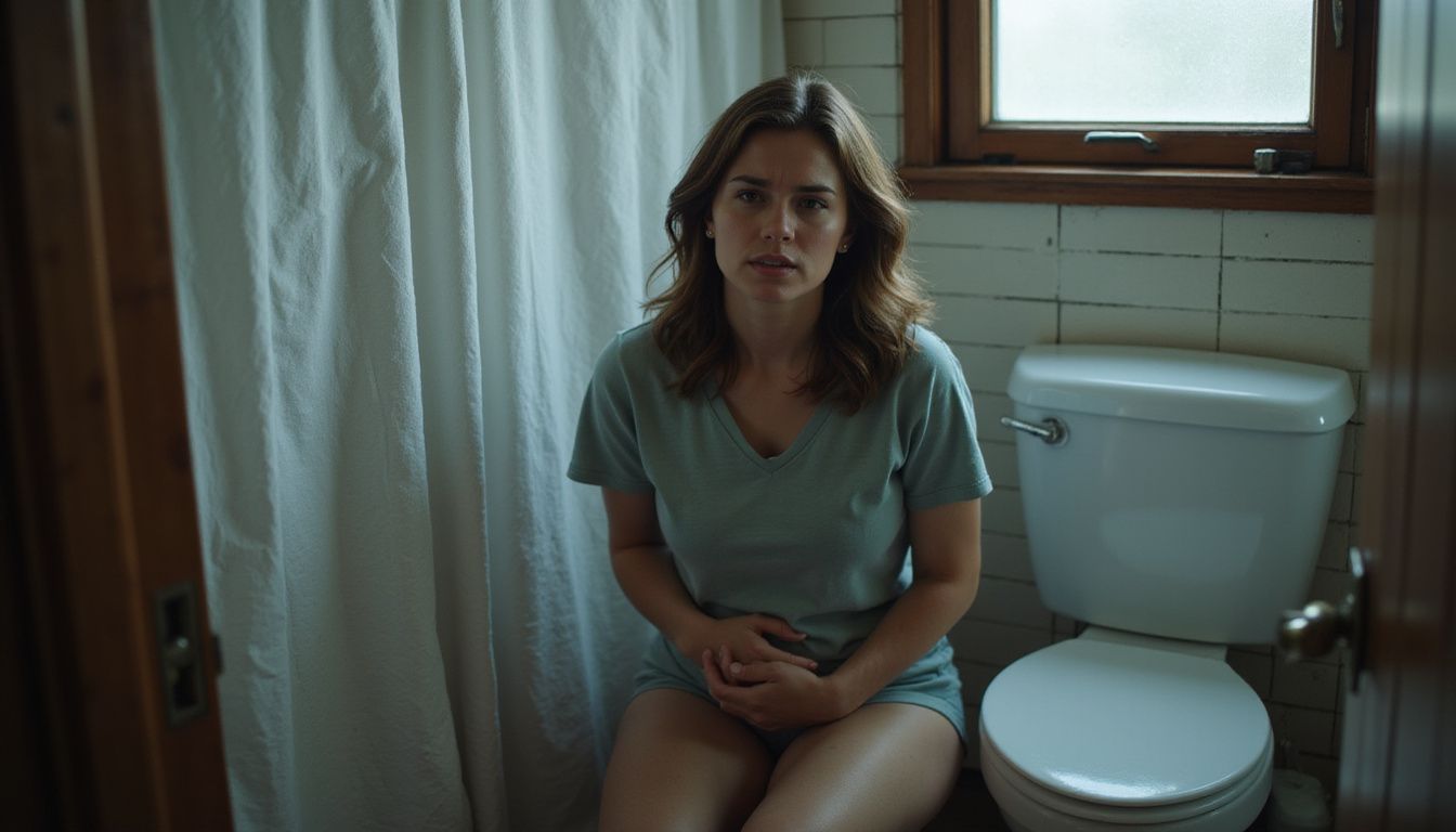 Woman on a toilet, holding her abdomen because of cramping from diarrhea. Woman on a toilet, holding her abdomen because of cramping from diarrhea.