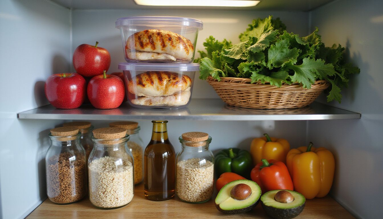 Open fridge filled with colorful fruits, vegetables, dairy, and grains.