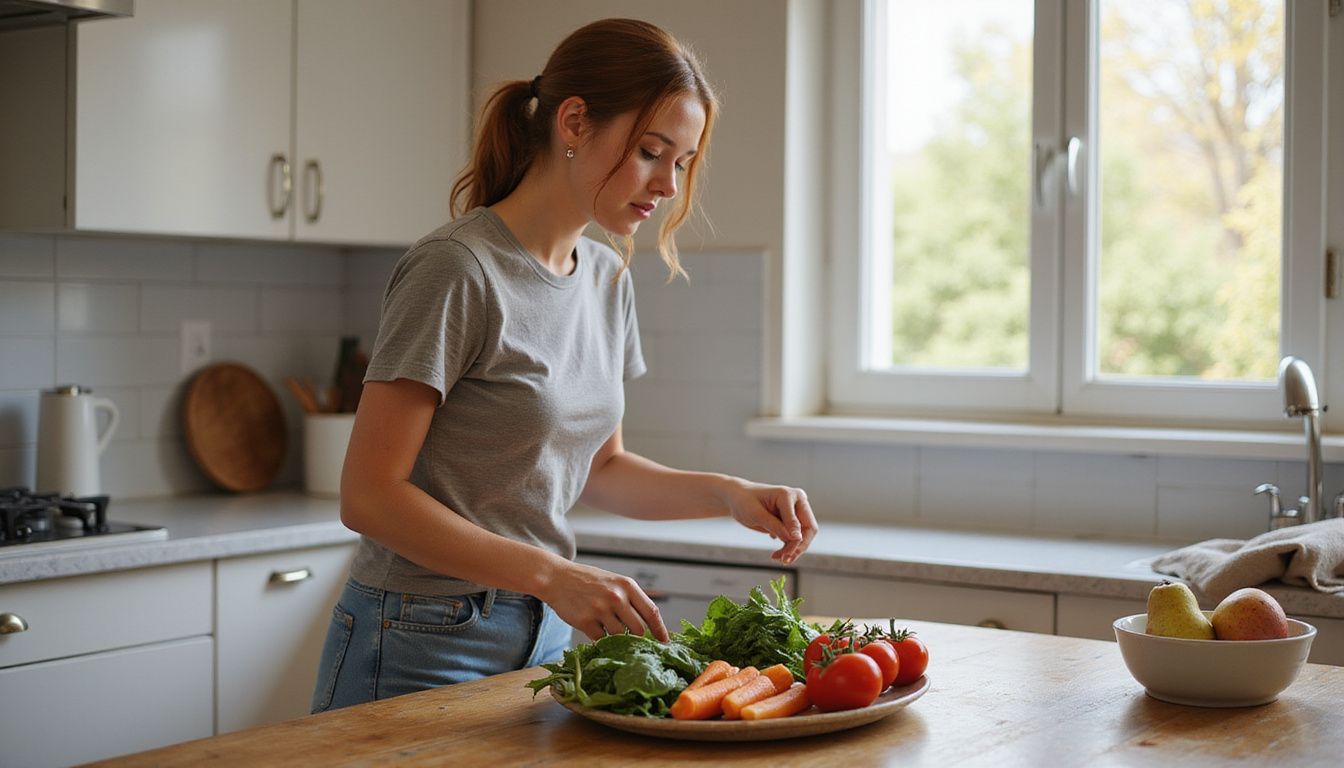 A person rinsing lettuce and chopping vegetables in a cozy kitchen.