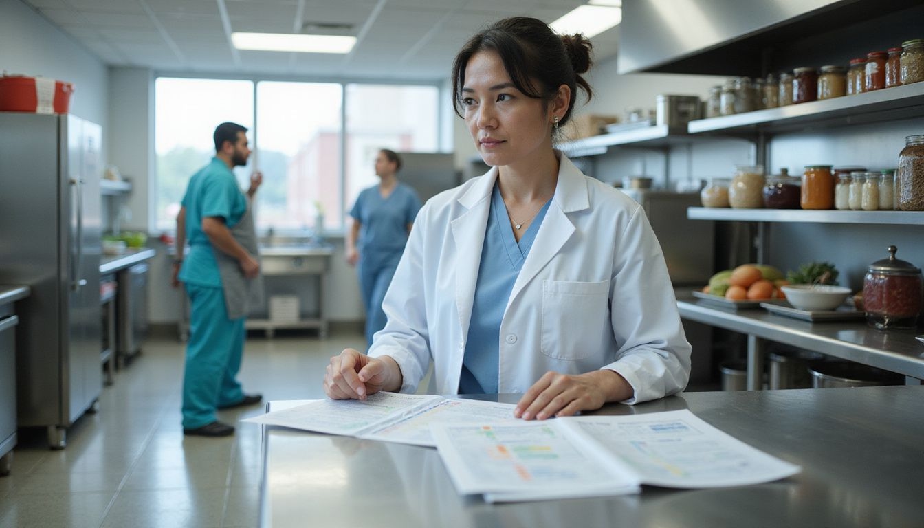 Dietitian reviewing charts near a hospital kitchen and patient trays.