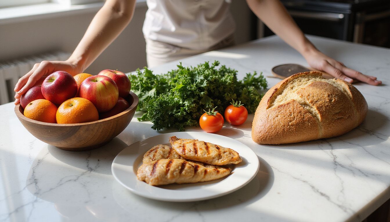 A clean kitchen counter arranged with whole foods like vegetables, olive oil, and herbs. A clean kitchen counter arranged with whole foods like vegetables, olive oil, and herbs.