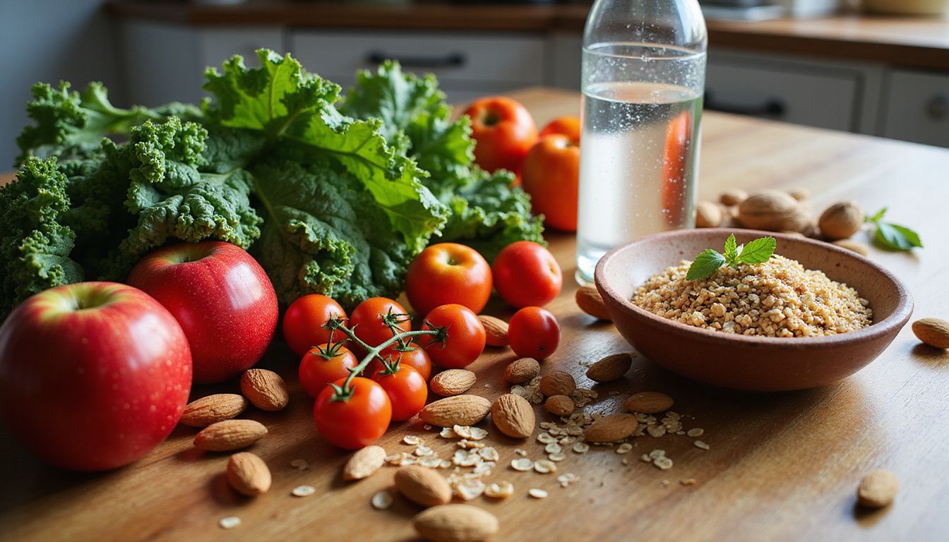 Bowls of vegetables, fruits, legumes, and grains laid out on a kitchen counter.