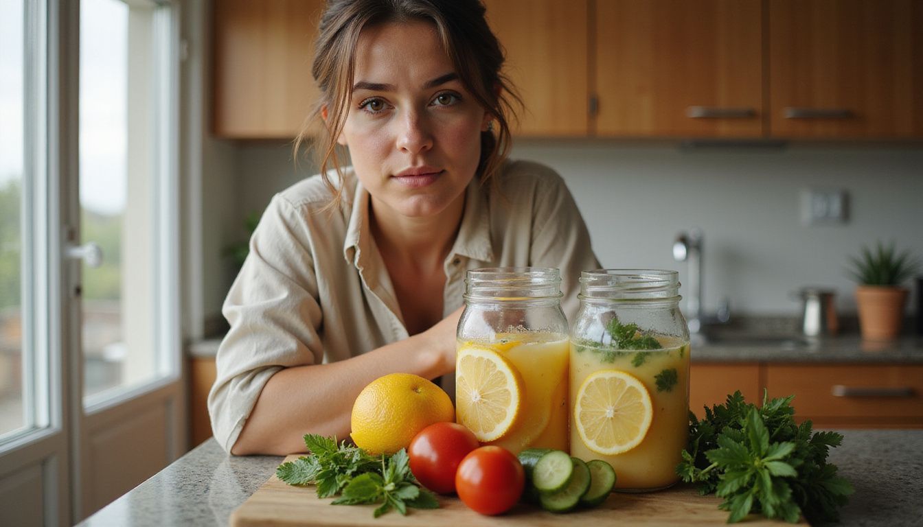 A woman assembling ingredients for healthy weight loss drinks at home. A woman assembling ingredients for healthy weight loss drinks at home.