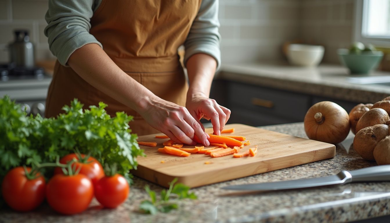 A home cook washing leafy greens while prepping colorful vegetables. A home cook washing leafy greens while prepping colorful vegetables.