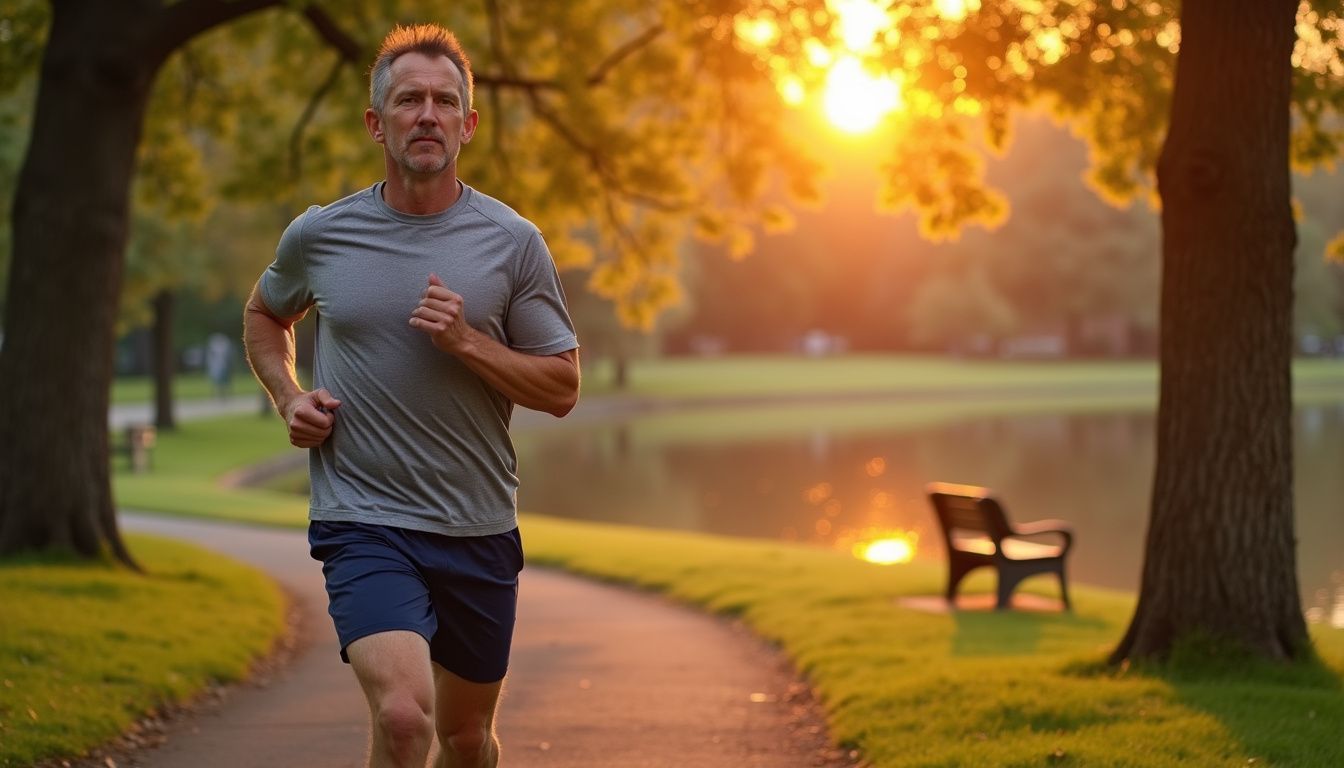 Man jogging on a park path to support heart health and fitness.