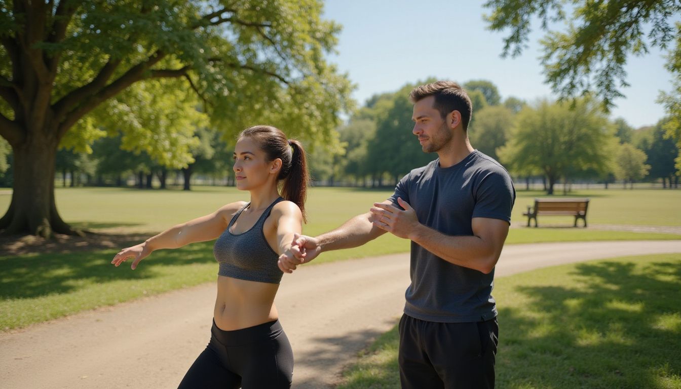 Emilia Clarke and coach James Duigan training outdoors using simple, portable moves.