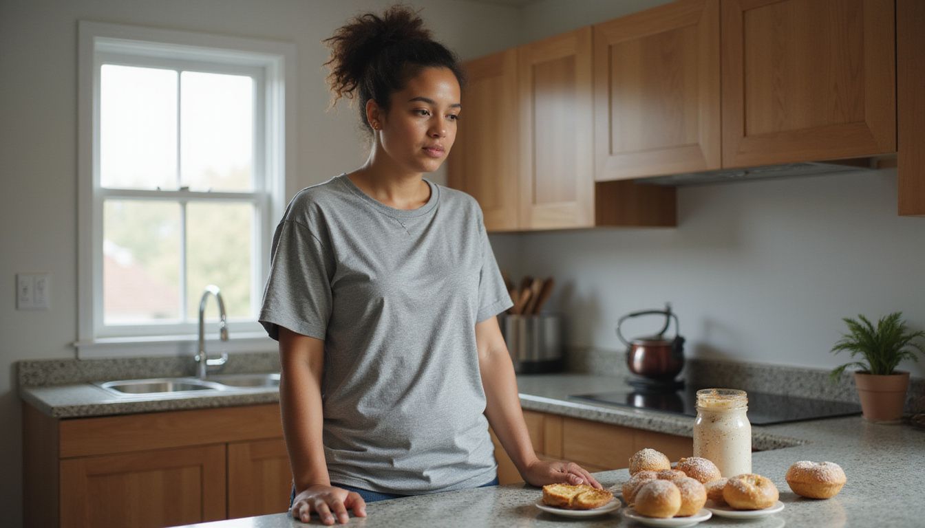 Person weighing food choices beside snacks on a kitchen counter. Person weighing food choices beside snacks on a kitchen counter.