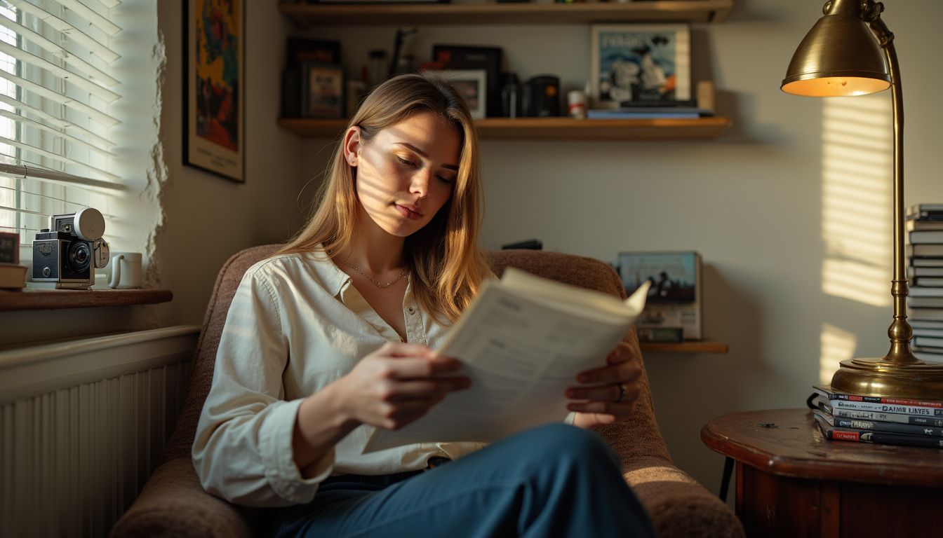 Performer reviews a script inside a cozy apartment filled with books and notes.