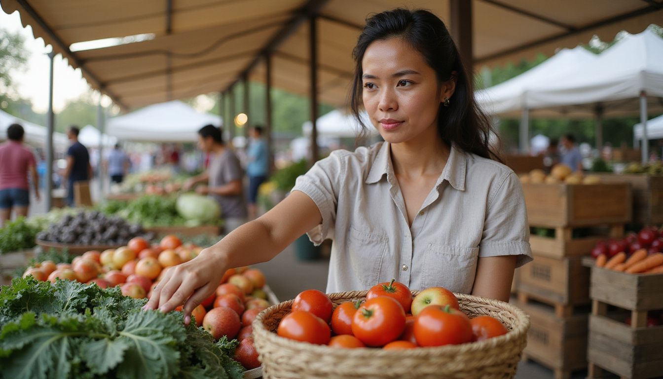 Shopper choosing colorful produce at a farmers market. Shopper choosing colorful produce at a farmers market.