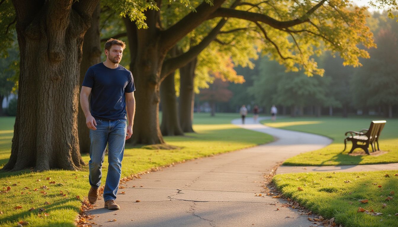 A man walks thoughtfully along a quiet park path, reflecting on change.