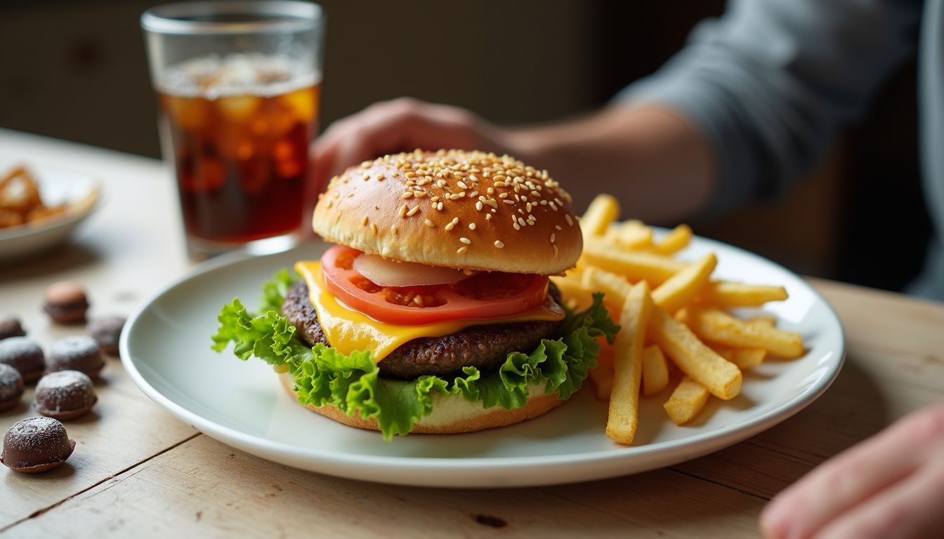 Burgers, fries, and soda on a table, illustrating high-sodium and high-calorie meals.