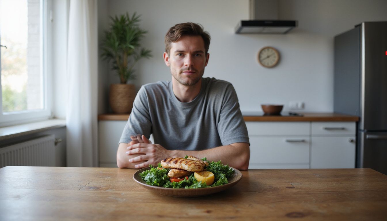Person sitting at a kitchen table with water and tea while following a fasting schedule.