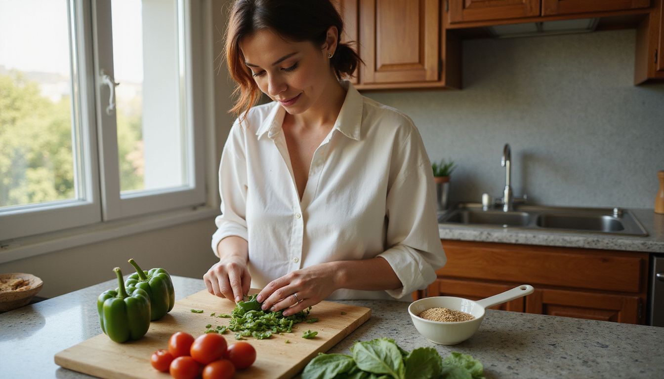 A home cook preparing colorful produce on a sunlit kitchen counter. A home cook preparing colorful produce on a sunlit kitchen counter.