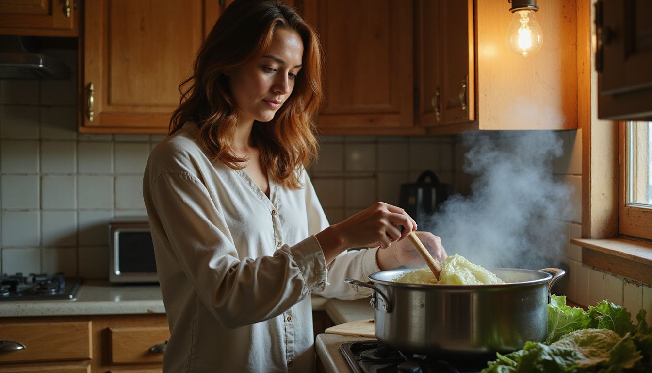 Cook stirring simmering cabbage soup in a cozy home kitchen.