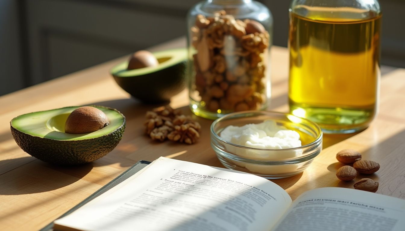 A kitchen counter with common keto fats beside a simple recipe notebook.