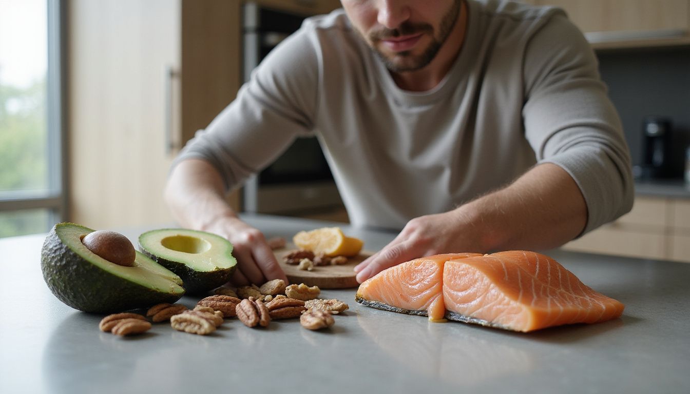 Meal prep with avocado, salmon, and mixed nuts, showing high-fat food choices for a Fat Fast.