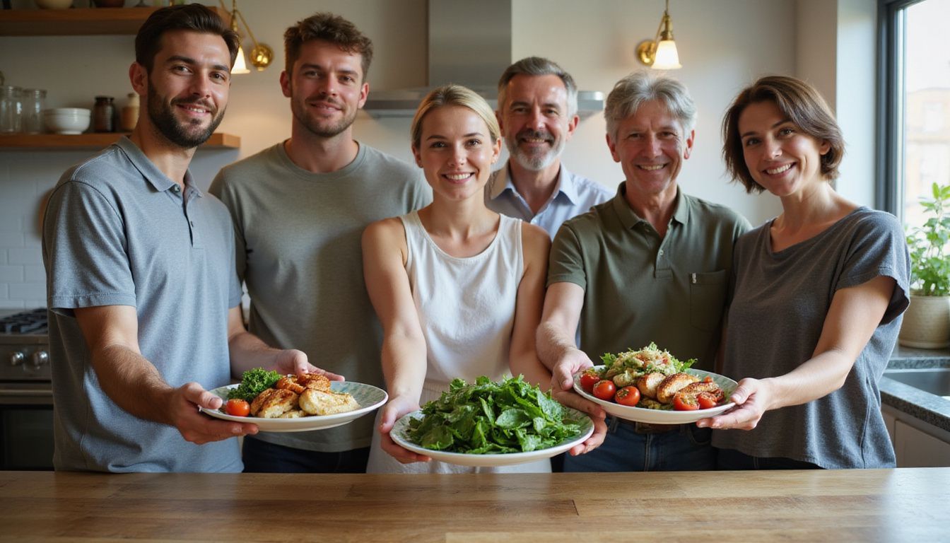 Six people smiling and holding colorful plates of balanced meals.