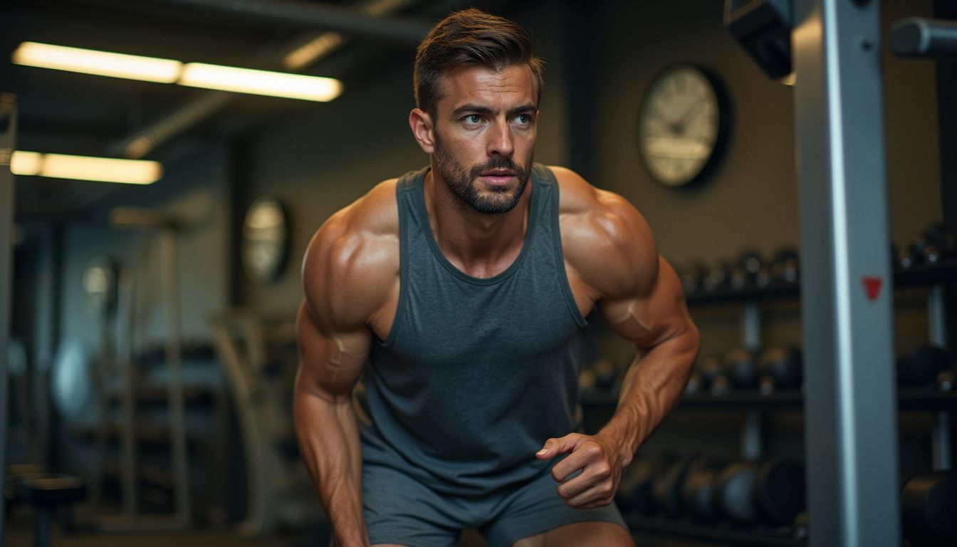 A person training in a gym with focused posture and controlled movement.