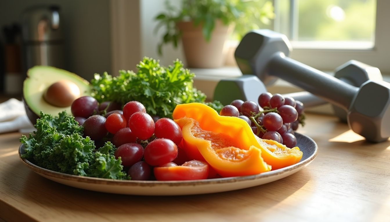 A colorful plate of fruits and vegetables on a kitchen counter. A colorful plate of fruits and vegetables on a kitchen counter.